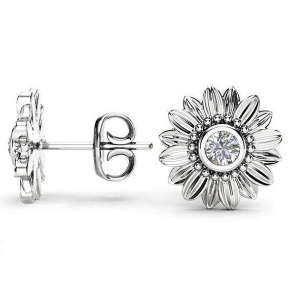 Sterling Silver Diamond Sunflower Stud Earrings - Picture 2 of 2